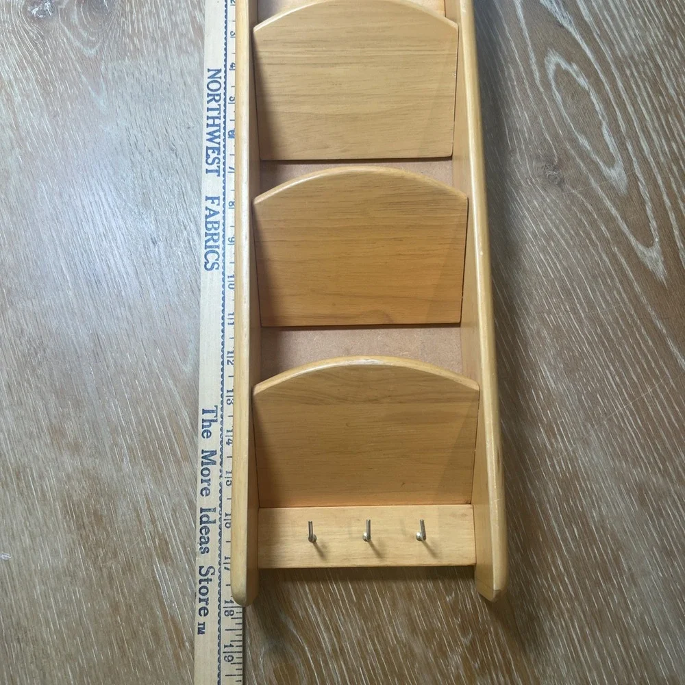 Vintage Wood Letter Bill Organizer 3 Hook Key Holder  3 Wood Pockets for Mail